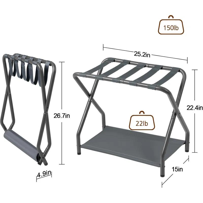 MEBROT Set Of 2, Foldable Suitcase Stands For Guest Room, Metal Luggage Holder With Storage Shelf For Bedroom, Hotel, Easy Assemble