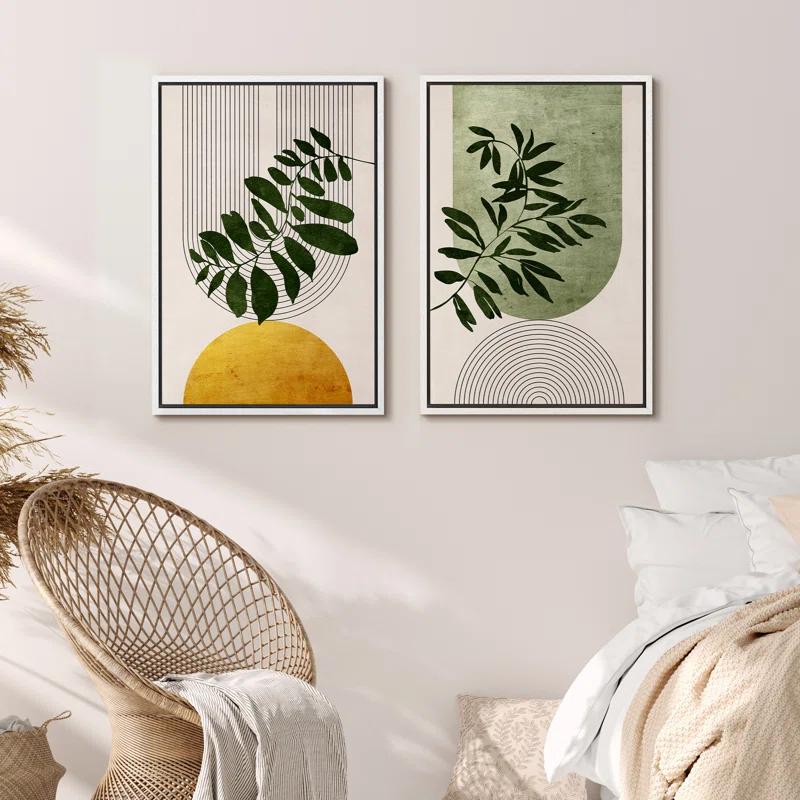IDEA4WALL Mid Century Modern Boho Green Yellow Bright Plant Art Framed Canvas 2 Pieces Print  Wall Art Set