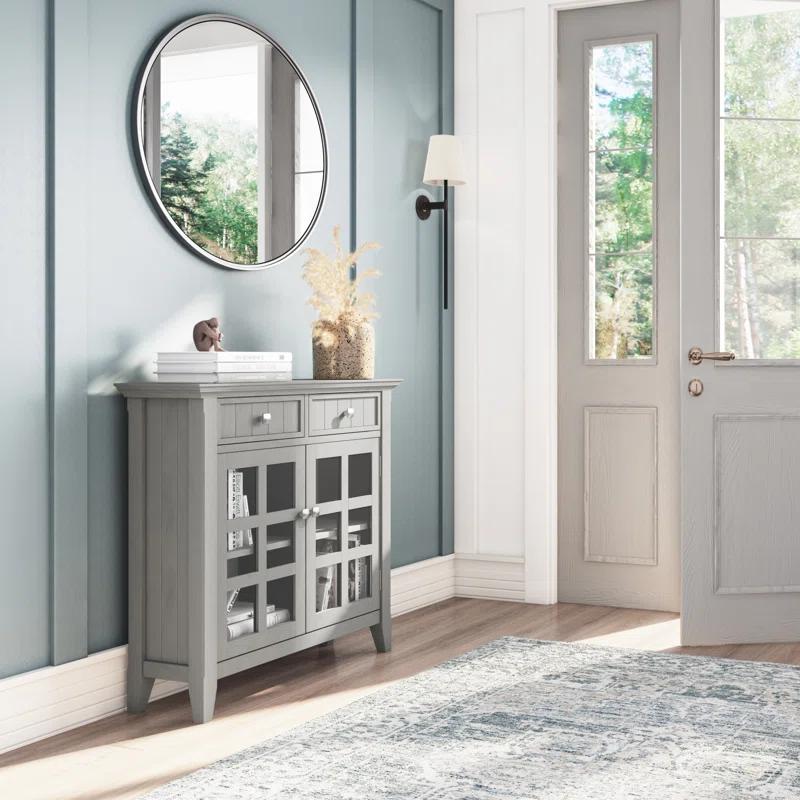 Simpli Home Acadian 36"W Solid Wood 2-Shelf Entryway Storage Cabinet with Glass Doors and 2 Drawers