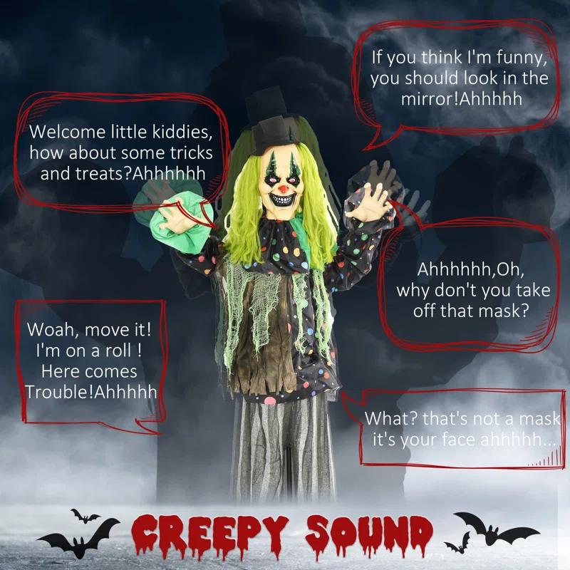 The Holiday Aisle® 6.1' Life Size Outdoor Halloween Decoration, Animatronic Circus Clown, Sound And Motion Activated Animated Prop With Light Up Eyes, Talking And Laughter