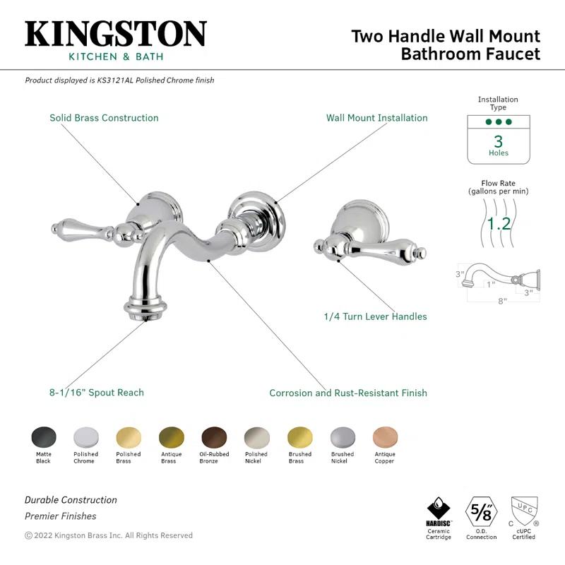 Kingston Brass Vintage Two-Handle 3-Hole Wall Mount Bathroom Faucet