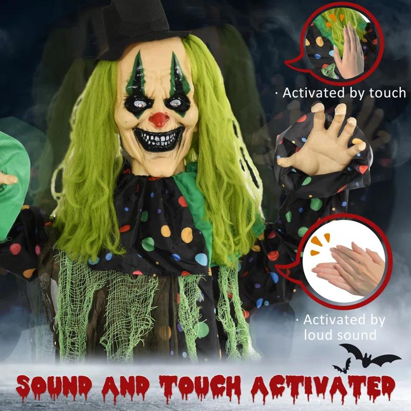 The Holiday Aisle® 6.1' Life Size Outdoor Halloween Decoration, Animatronic Circus Clown, Sound And Motion Activated Animated Prop With Light Up Eyes, Talking And Laughter