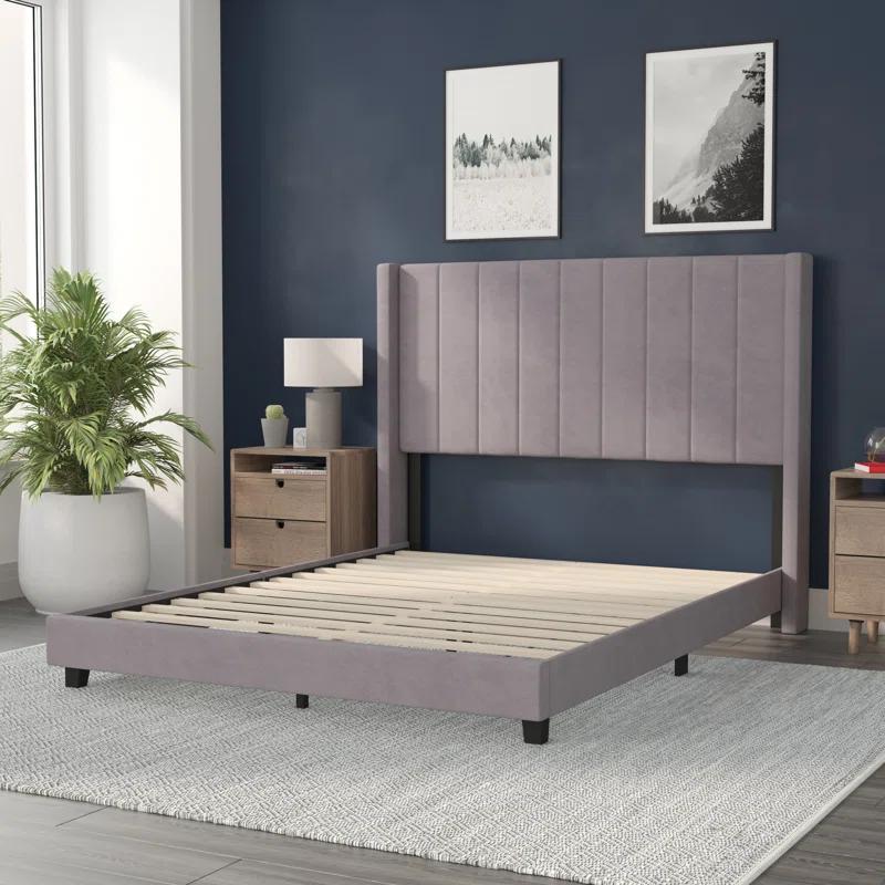 Ebern Designs Upholstered Platform Bed with Vertical Stitched Wingback Headboard, Slatted Mattress Foundation