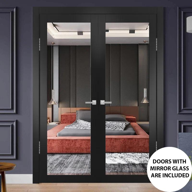 SARTODOORS Solid French Double Doors | Lucia 2166 Matte Black Clear Glass | Wood Solid Panel Frame Trims | Closet Bedroom