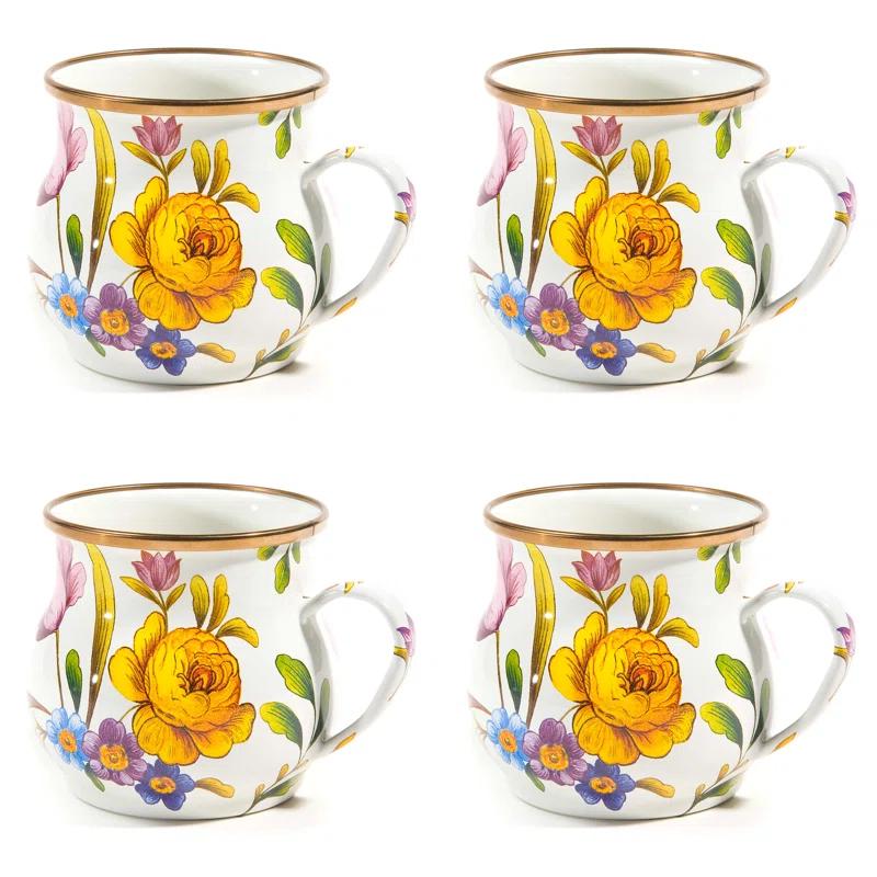 MacKenzie-Childs White Flower Market White Mugs (Set of 4)