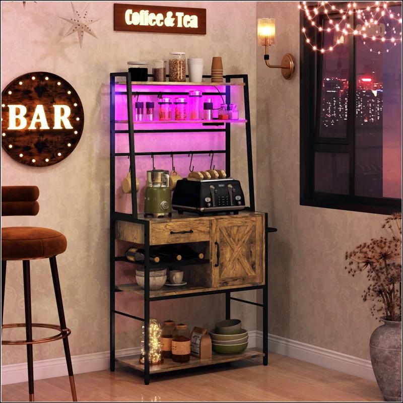 17 Stories Baker's Rack With Power Outlet And LED Lights Bar With Storage Shelves,Industrial Microwave Stand With Wine Bottle Rack,Drawer,Barn Door Cabinet