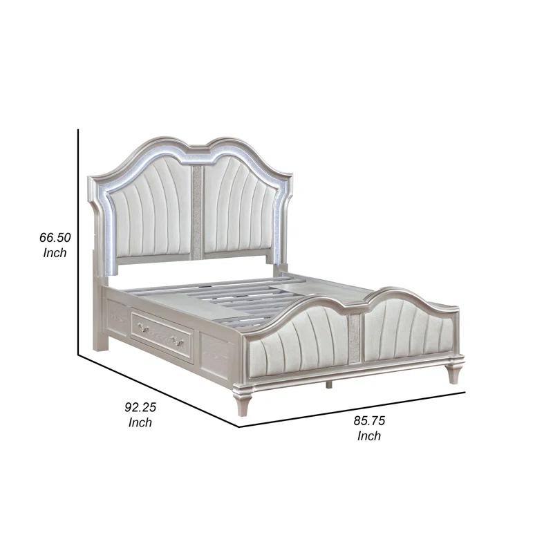 Benjara Nive Bed, LED Arch, Ivory Upholstery, Storage, Silver