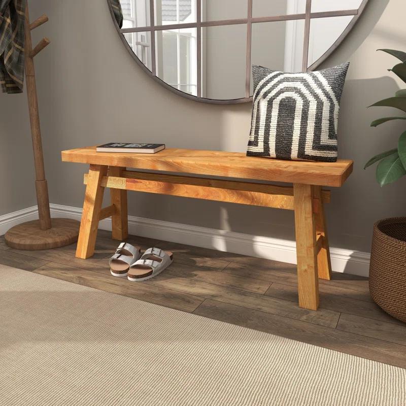 Milani Brown Wood Handmade Distressed Bench with High Trestle Legs 47" x 12" x 21"