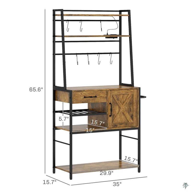 17 Stories Baker's Rack With Power Outlet And LED Lights Bar With Storage Shelves,Industrial Microwave Stand With Wine Bottle Rack,Drawer,Barn Door Cabinet