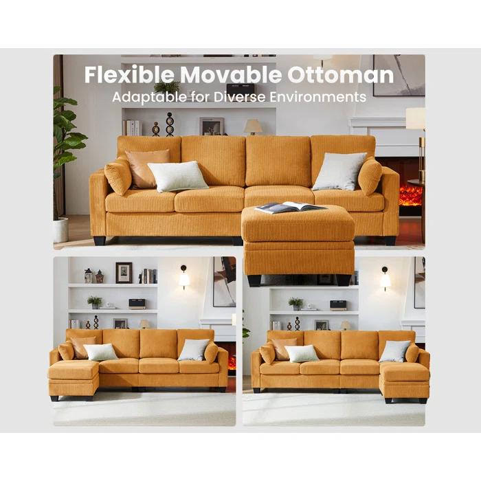 Latitude Run® Corduroy Modular Sectional Couch with Ottoman Chaise, L Shaped 4-seat Sofa for Living Room, Apartment, Lounge, Modern Armrest Neck Support Furniture