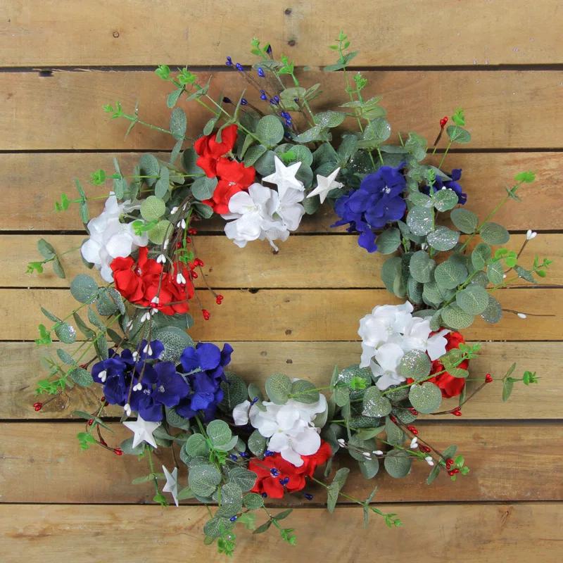 Northlight Seasonal Red white and Blue Hydrangea and Eucalyptus Patriotic Artificial Wreath