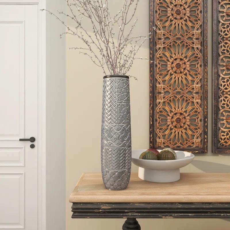 Bungalow Rose Ceramic Slim Engraved Patterned Decorative Gray Vase