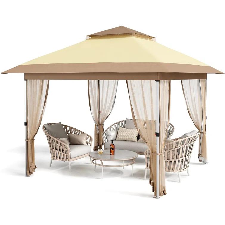 Yuan Home 12'X12' Outdoor Pop-Up Gazebo Canopy Tent With Curtains, Mosquito Netting, 2-Tiered Vented Top, 144 Sq. Ft. Shelter For Patio & Backyard Parties