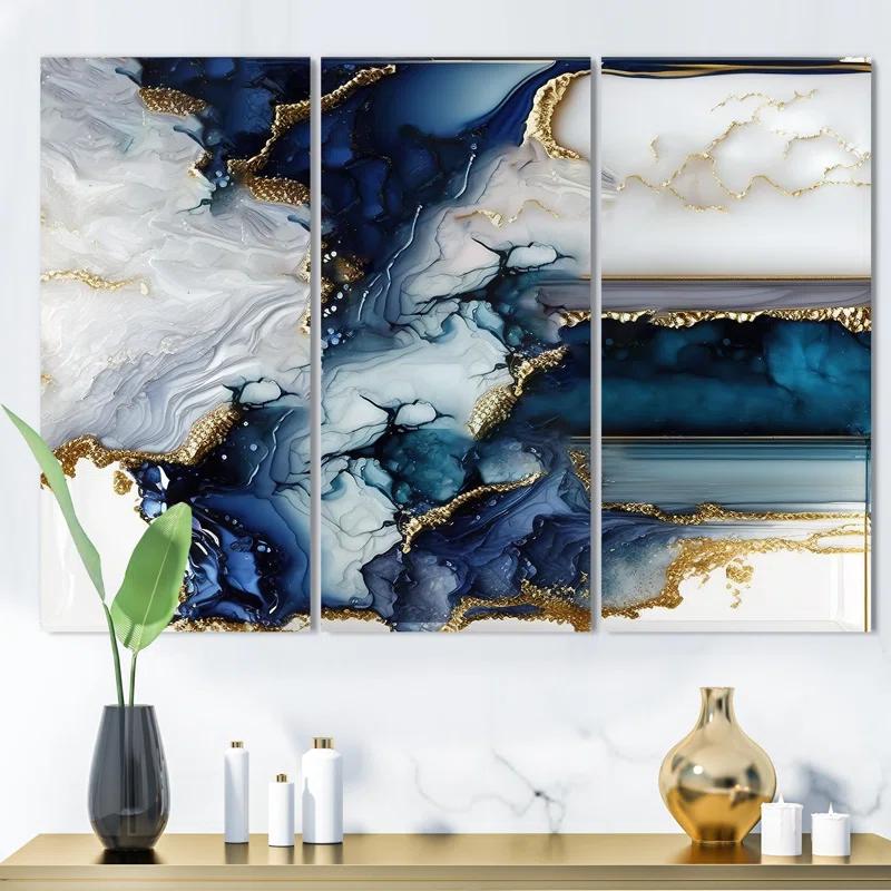 " Abstract Geode White And Blue Marble I " 3 - Pieces