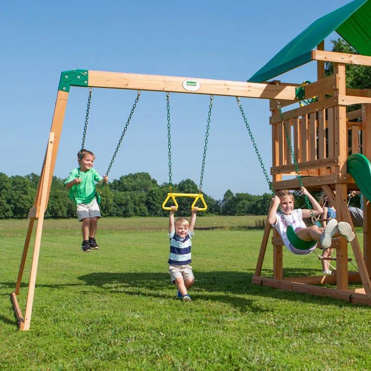 Backyard Discovery Backyard Discovery Mount Mckinley Cedar Wood Swing Set with Wave Slide, Play Deck, Double Rock Wall, and Rope Ladder