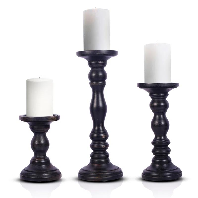 LuxeDesigns 12'' Handcrafted Mango Wood Pillar Candle Holder Set – Rustic 3-Piece Set for LED Candles