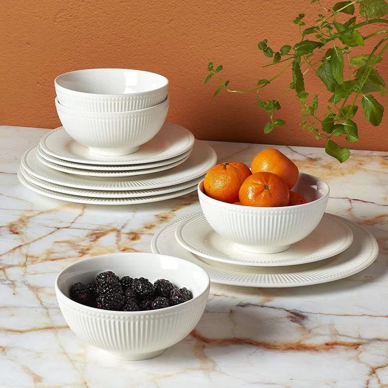 Tabletops Gallery Ivory Dinnerware 12 Piece Set Embossed Bone White Porcelain (Dinner Plate, Salad Plate, Cereal Bowl)