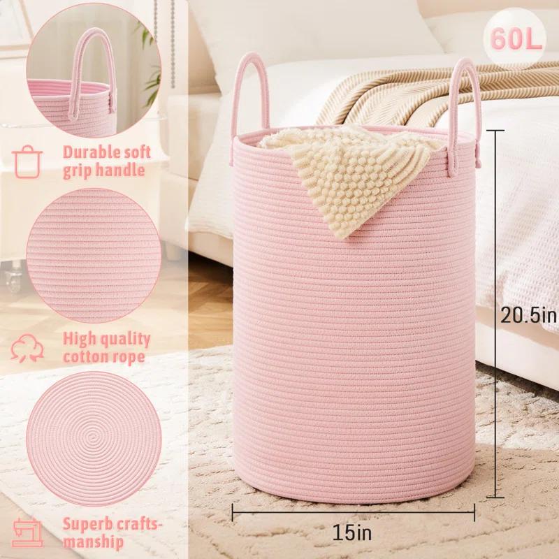 Beachcrest Home™ 60L Woven Cotton Rope Laundry Basket For Dirty Clothes In Bathroom And Living Room