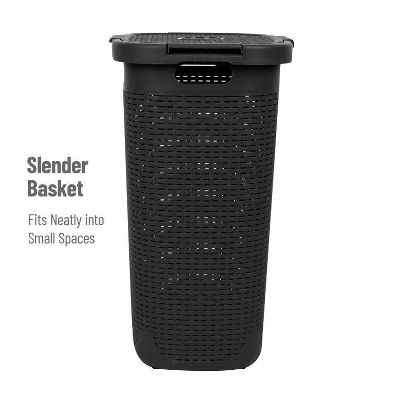 Mind Reader 60L Slim Laundry Hamper, Clothes Basket, Lid, Wicker Style, Plastic, 17.65"L x 13.75"W x 24.15"H, 2-Pack