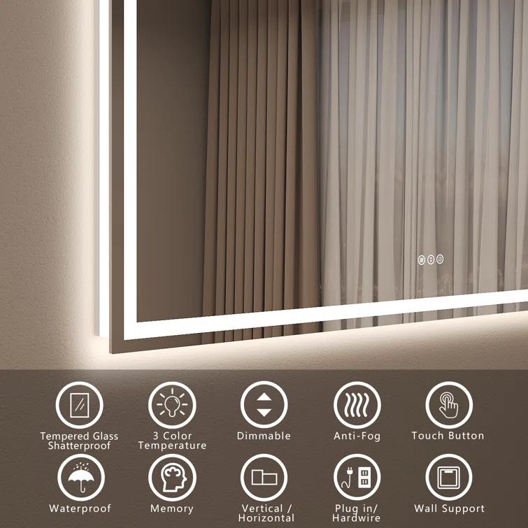 Ivy Bronx Molly Frameless LED Front Light and Backlit 3 Colors Dimmable Anti-Fog Wall Bathroom Vanity Mirror