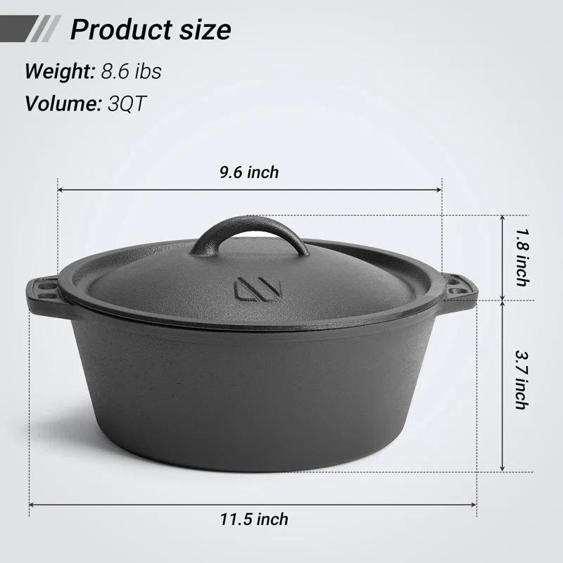 shuoli Pre-Seasoned Cast Iron Dutch Oven Pot With Lid, For Braising, Broiling, Frying, Sourdough Bread Baking, Camping Cookware, BBQ,3 Quart Pan
