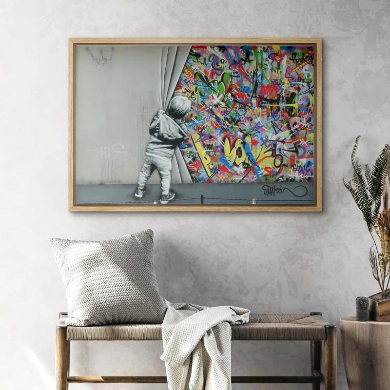 IDEA4WALL Pop Urban Street Banksy British Artist Kid Spray Paint Curtain Illusion Colorful Large Canvas Print Wall Art