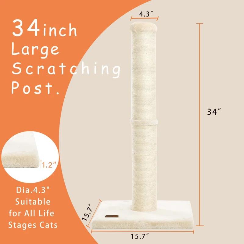 Tucker Murphy Pet™ 34Inch Cat Scratching Post With Natural Sisal Rope 4.3Inch Large Diameter Scratcher Post Tree For Indoor Cats