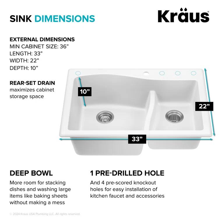 Kraus KRAUS Quarza™ 33" L Dual Mount 60/40 Double Bowl Granite Kitchen Sink KGD-442WHITE