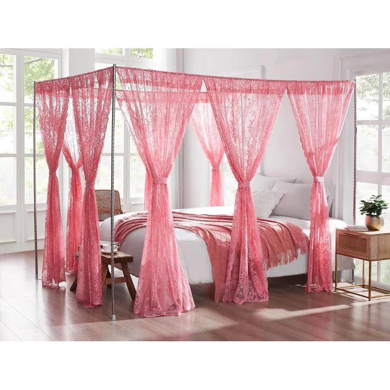 WARM HOME DESIGNS 8 Piece Lace Canopy Bed Curtains Set With Tie-Backs for Queen or King Bed (Set of 8)