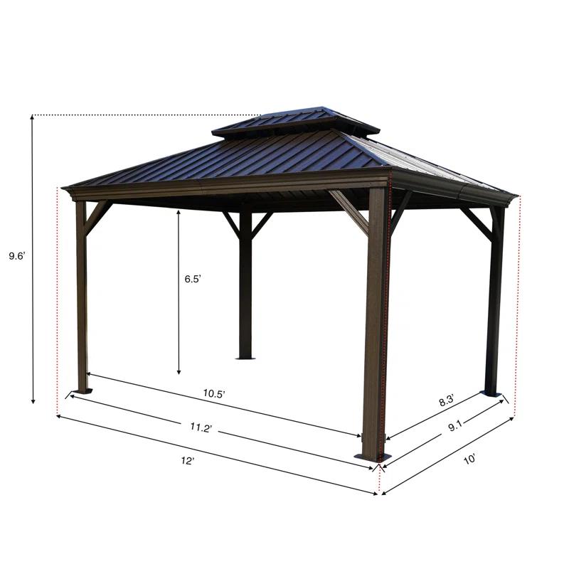 Arlmont & Co. Istref 10x12 Dark Brown Double Roof Hardtop Gazebo with Curtain and Mosquito Netting