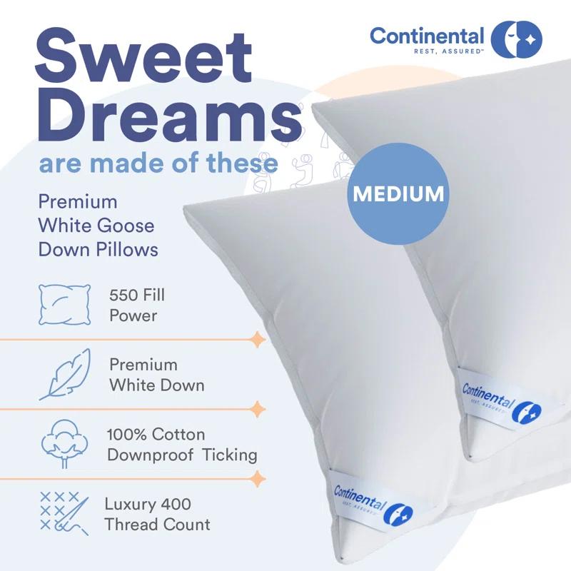 ContinentalBedding Premium Medium Down Bed Pillow (Set of 2)