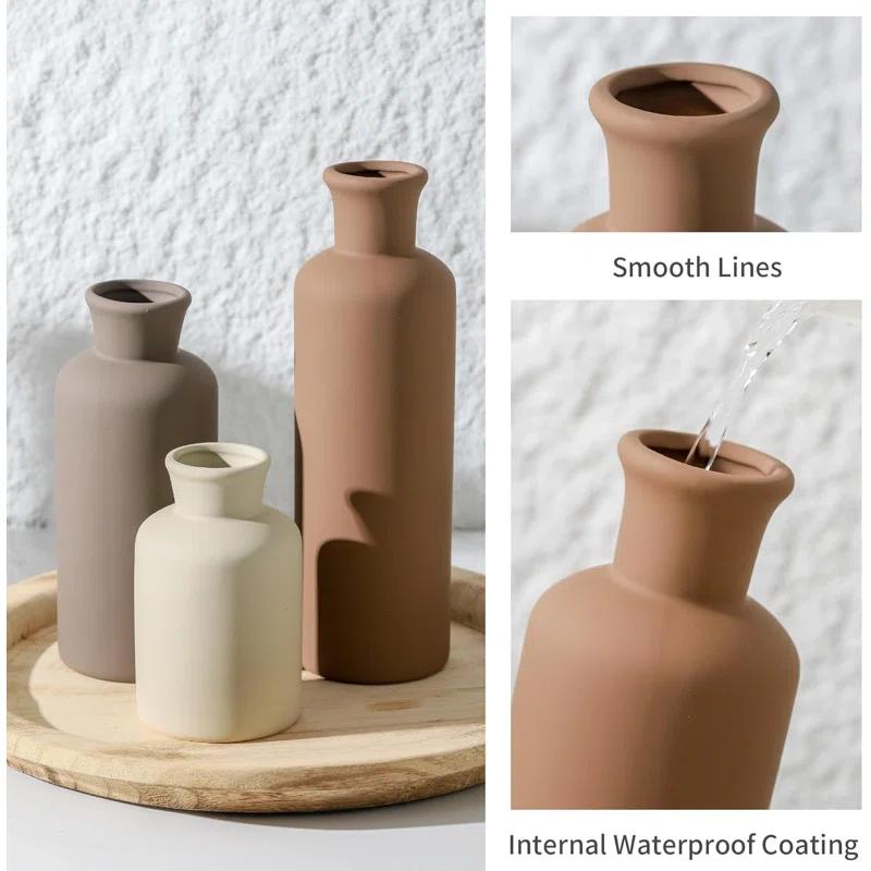 Lark Manor™ Set Of 3 Ceramic Vases, Modern Neutral Home Decor For Farmhouse, Rustic, Or Boho Style - Perfect For Fresh Or Dried Flowers, Table, Mantel, Shelf, Entryway, Living Room, Kitchen, Bathroom - Brown