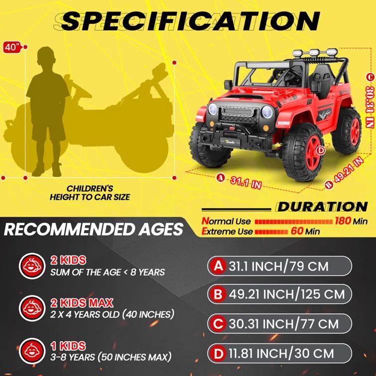 Ancheer Alex 24V 4WD//2WD Ride On Jeep Truck,2 Seater Kids UTV With 4X200w Powerful Engine,Remote Control,Bluetooth,20 Wide Seat,Vehicles for Kids Toddlers