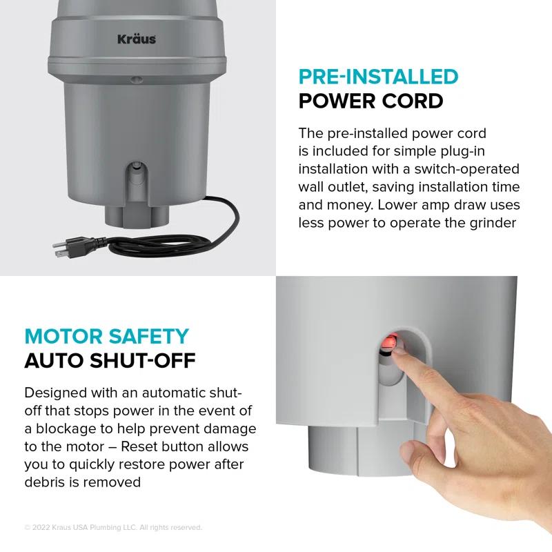 Kraus KRAUS Wasteguard High-Speed 3/4 HP Continuous Feed Ultra-Quiet Motor Garbage Disposal With Power Cord And Flange Included And Universal Mount, KWD210-75MGR