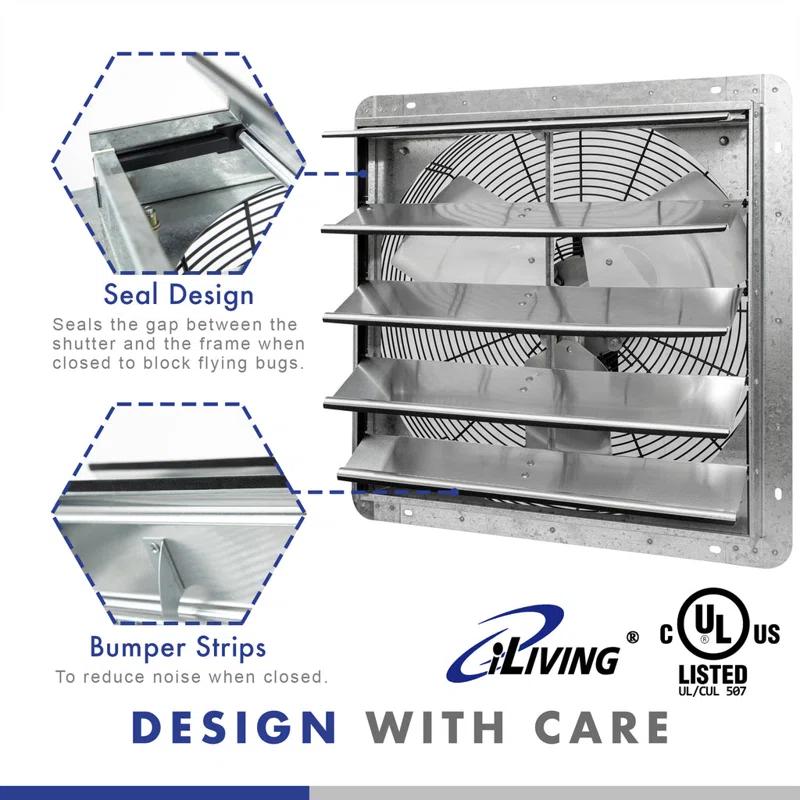 iLIVING ILG8SF20V-ST 20" Wall Mounted Shutter Exhaust Fan, Automatic Shutter, with Thermostat and Variable Speed controller, 2.2A, 3368 CFM, 5000 SQF Coverage Area Silver