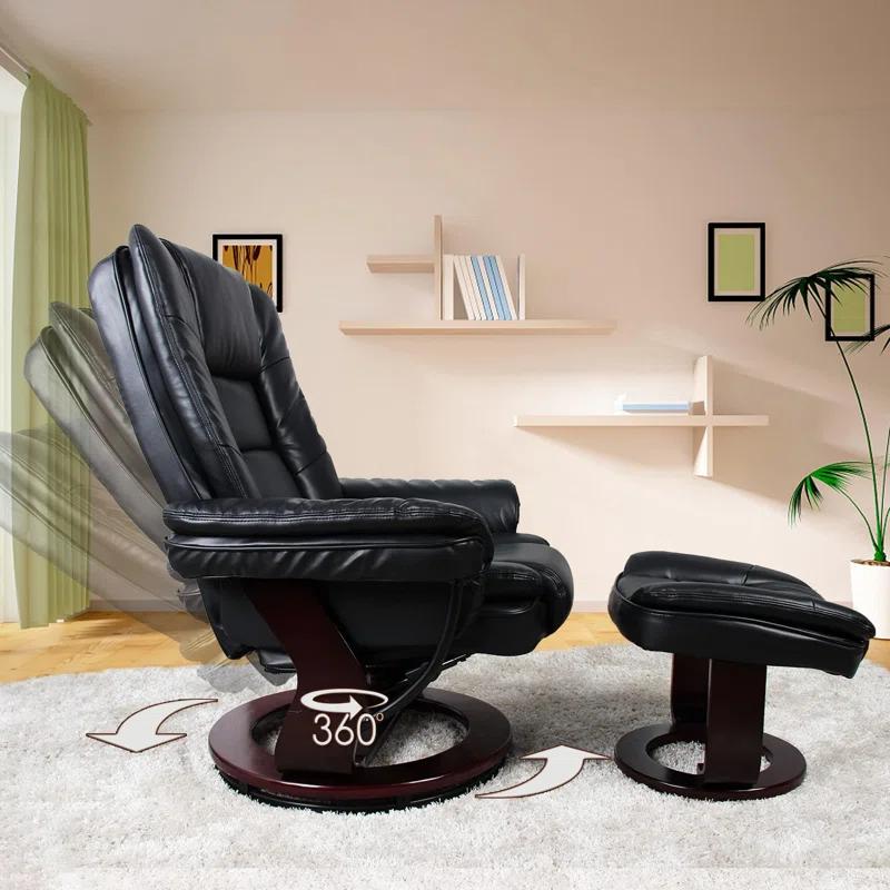 Snugway 32" Contemporary Leather Recliner and Ottoman with Swiveling Mahogany Wood Base
