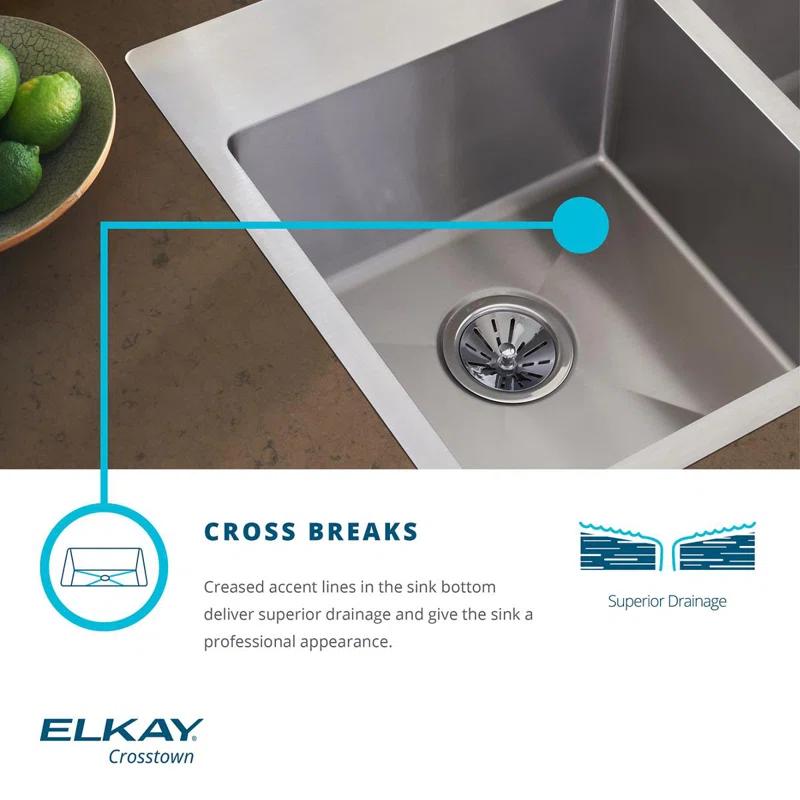 Elkay ECTSR33229BG5 Crosstown Stainless Steel 33" L x 22" W Double Basin Dual Mount Kitchen Sink