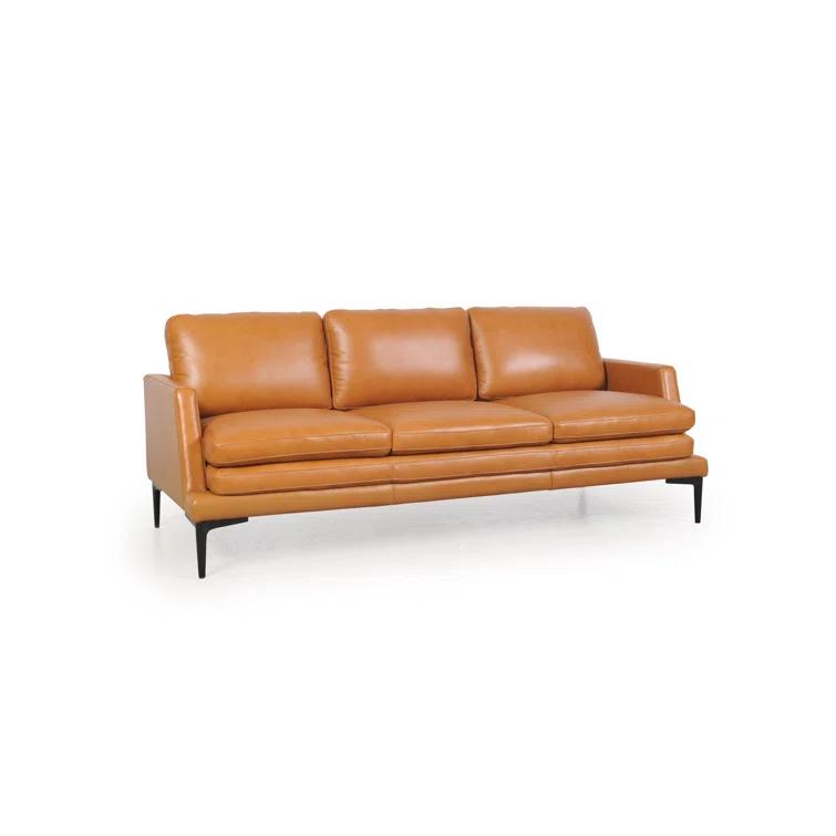 Rica Tan and Black Mid-Century Leather Sofa with Metal Legs