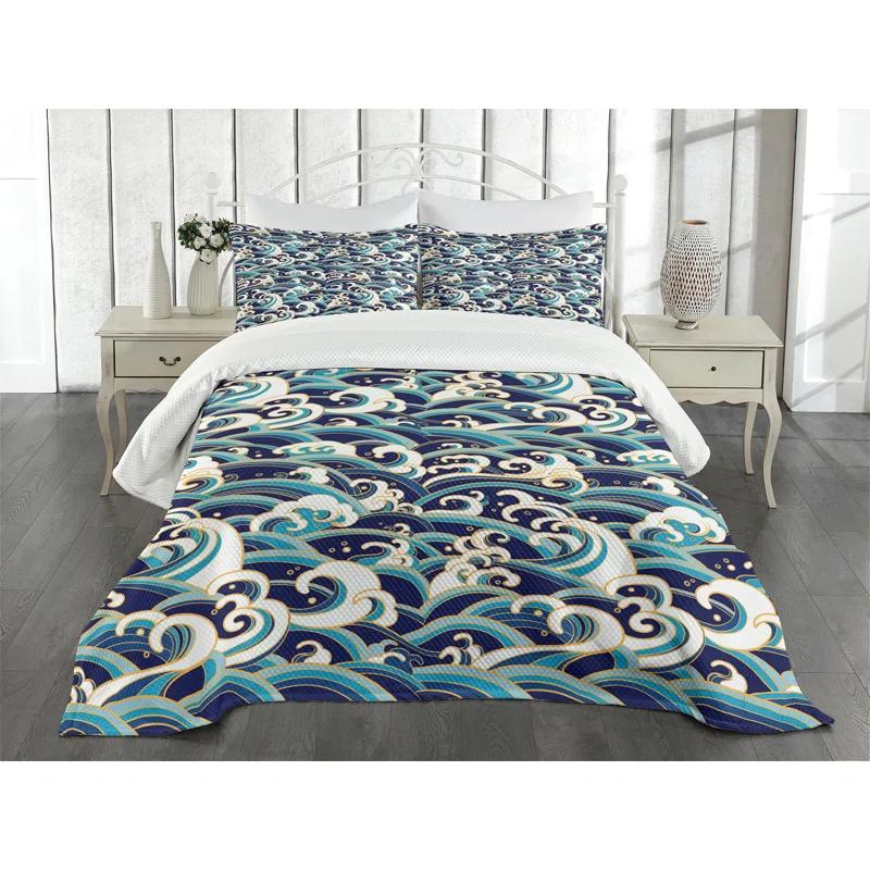 Ambesonne Ambesonne Nautical Bedspread Set Ocean Waves Pattern Blue and White