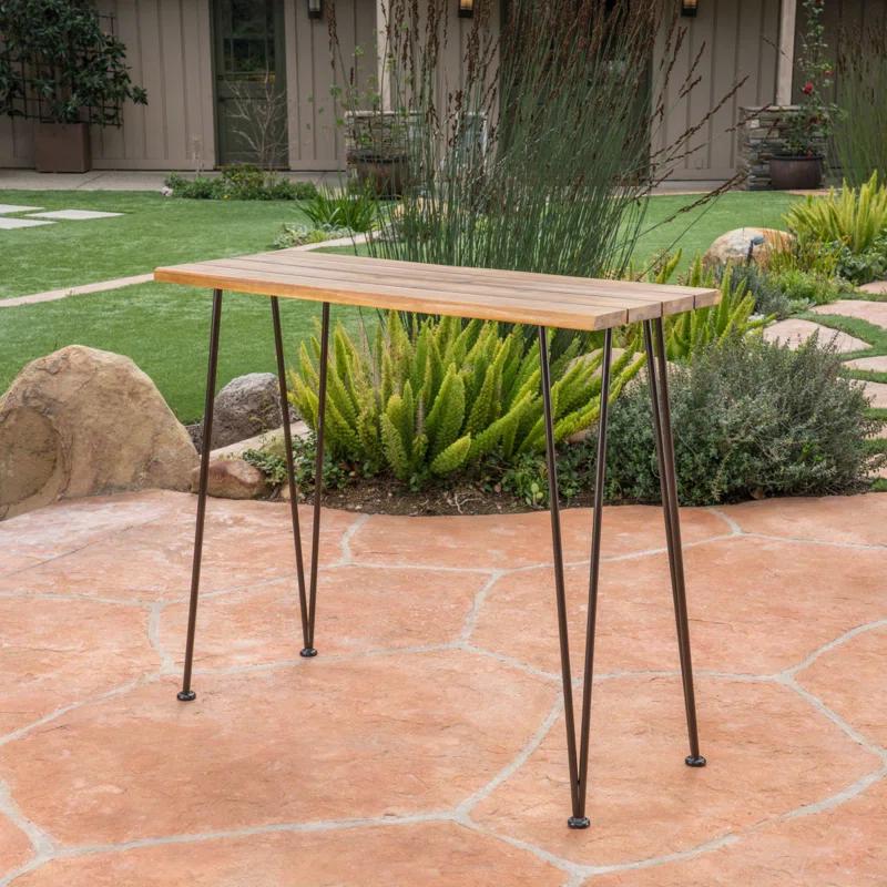 Union Rustic Loya Rectangular Acacia Wood Outdoor Bar Table