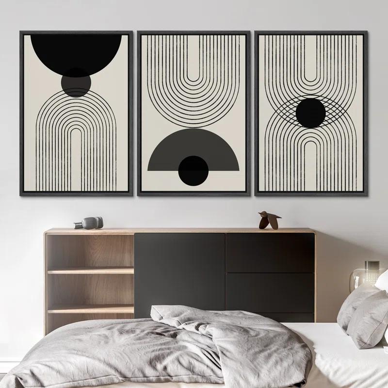 Mid-Century Modern Black And White Minimalist Abstract Home Decor Framed Wall Art Work Canvas Print