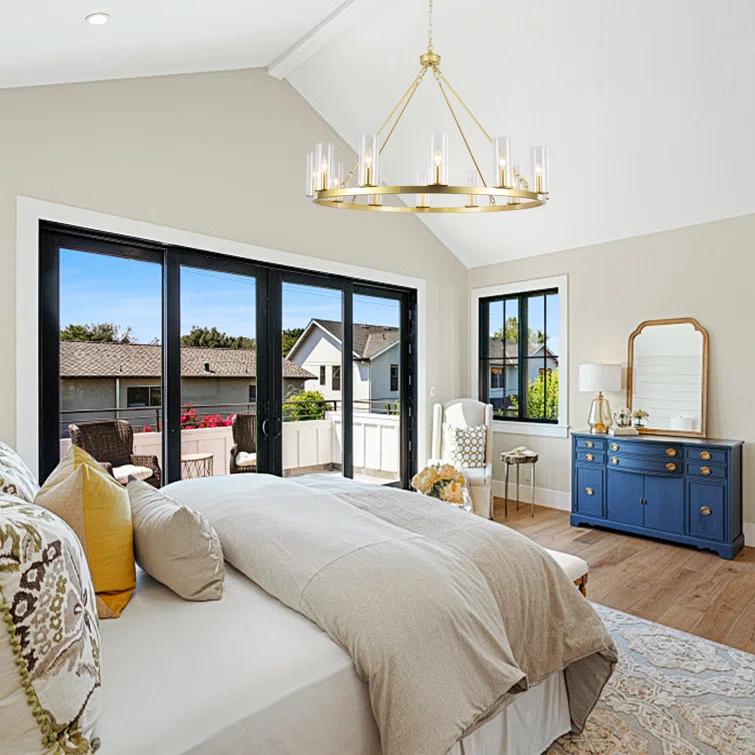 Mercer41 12 - Light Dimmable Wagon Wheel Chandelier With Clear Lampshade