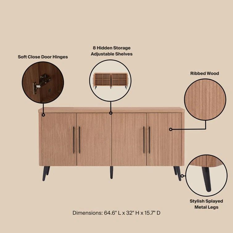 Manhattan Comfort Jodie 65" Mid-Century Modern Sideboard with 8 Adjustable Shelves in Maple