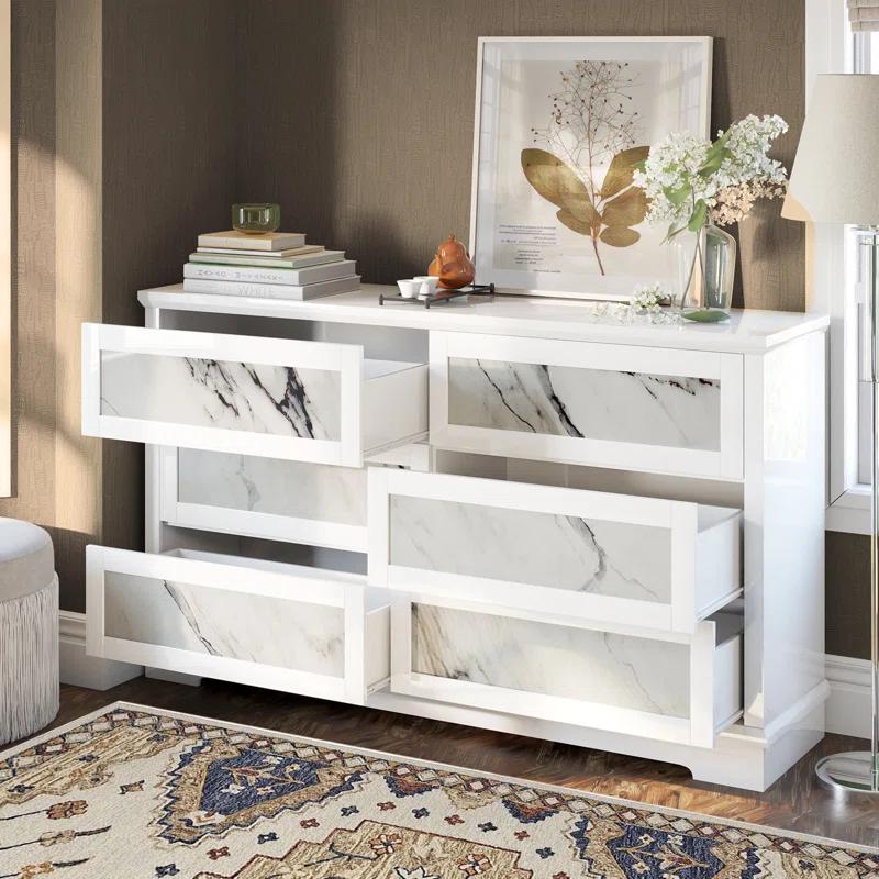 Alarriah 54" Natural Marble Highgloss 6 Drawer Dresser