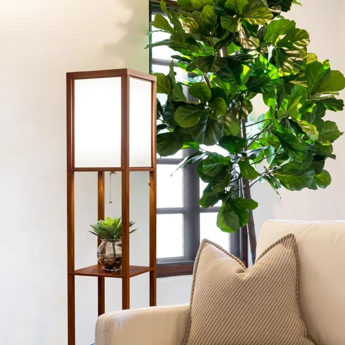 Brightech Maxwell 63" Modern LED Shelf Floor Lamp with Walnut Brown Finish, 3 Tiers, and Fabric Square Shade, Bulb Included