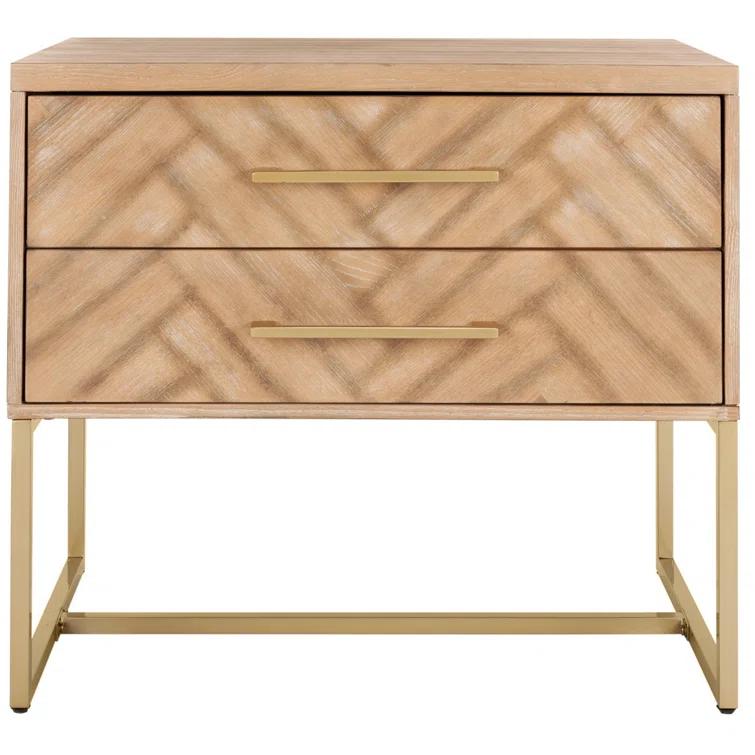 Everly Quinn Stylish Brookelyne 30'' W Nightstand –Rustic Oak with Brass Leg & 2 Spacious Bedroom Storage Drawers