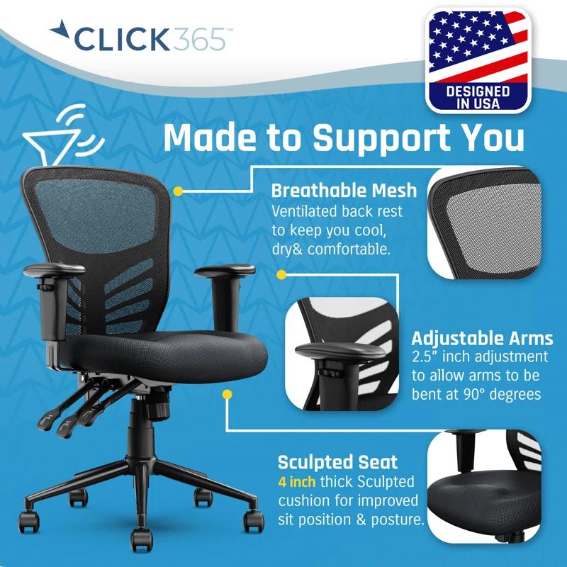 CLICK365 Click365 Flow Mid Back Mesh Office Chair, Extra Padded Seat Cushion, Adjustable Armrest Back Height
