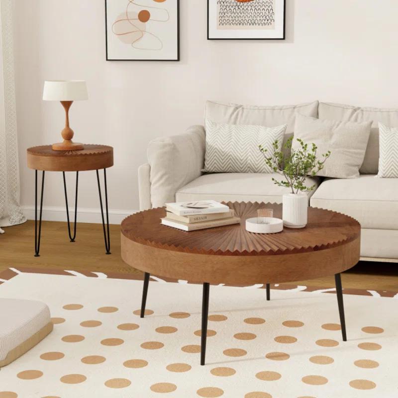 Millwood Pines Set of 2 Boho Round Coffee Table with Solid Pine Wood Top and Metal Legs