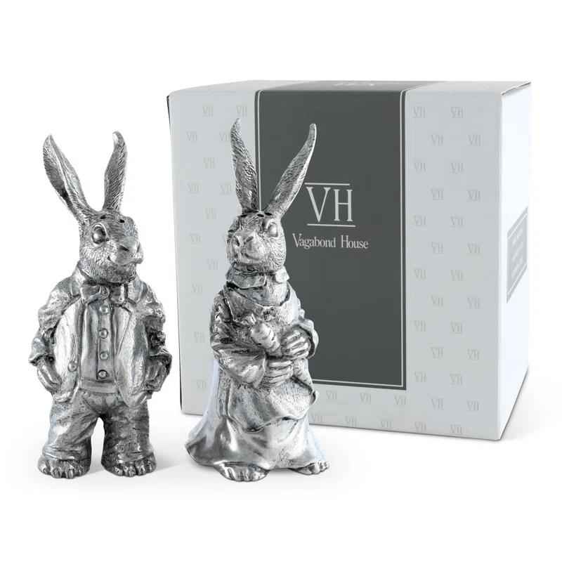 Vagabond House Garden Friends Easter Pewter Dressed Rabbits Salt and Pepper Shakers Set