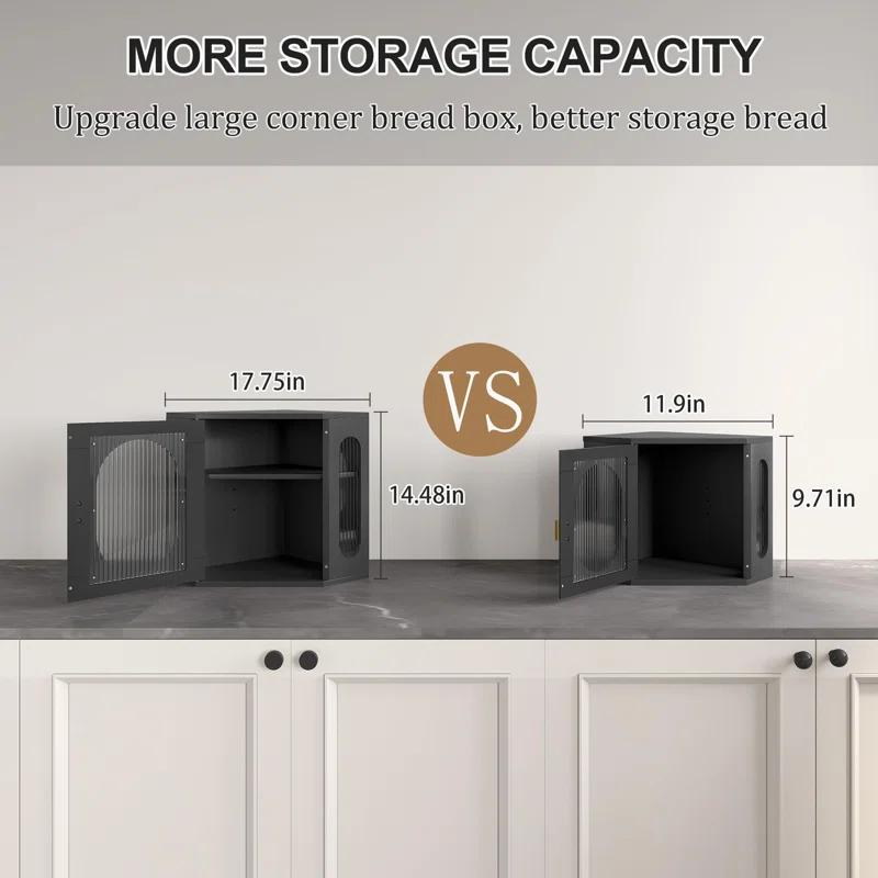 Hokku Designs Corner Bread Storage Container Double Layer Wooden Breadbox Homemade Bread Loaf Bin Farmhouse Coffee Bar Pantry Shelf With Acrylic Window, Black